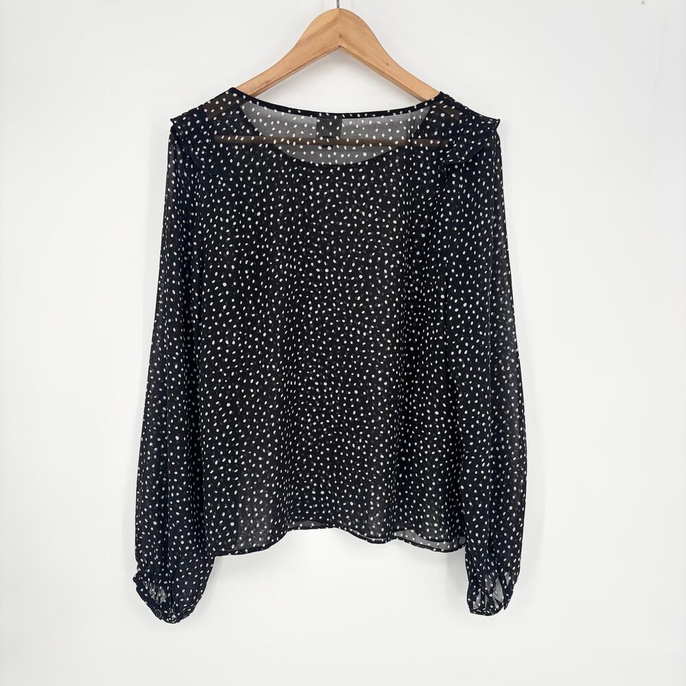 CAbi Black and White Polka Dot Sheer Ruffle Top Size M
